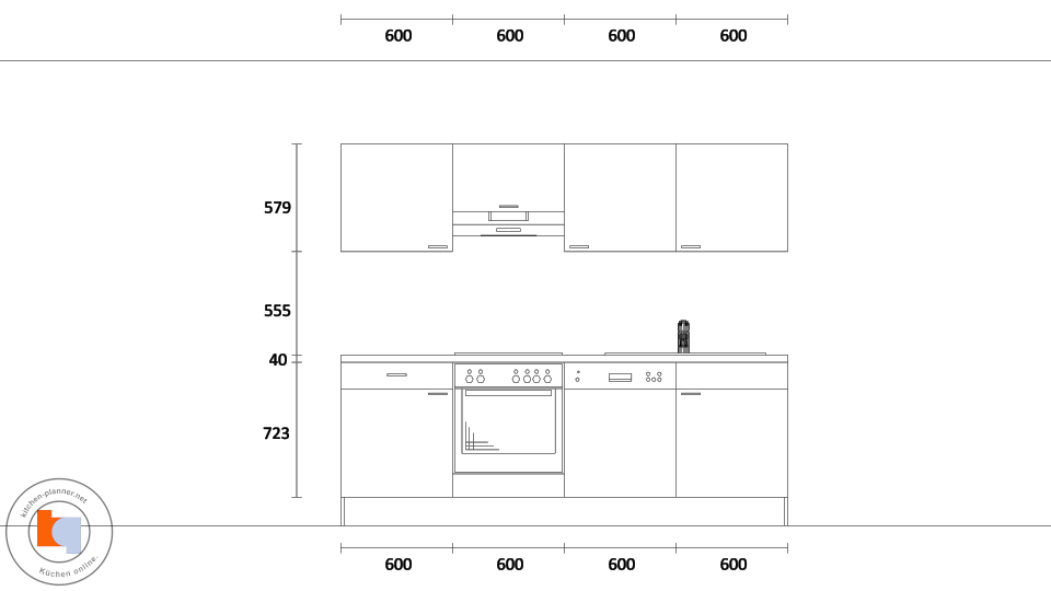 Wandansicht & Maße in mm / Küchenzeile Saranda mit E-Geräten
