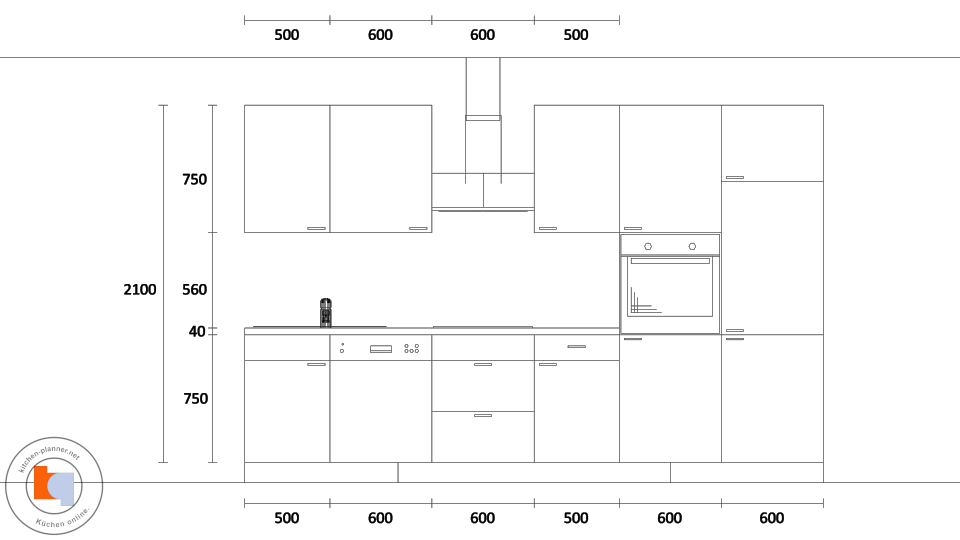 Wandansicht & Maße in mm / Inselküche Modica - Küchenzeile mit Kücheninsel und E-Geräten / Bild 1