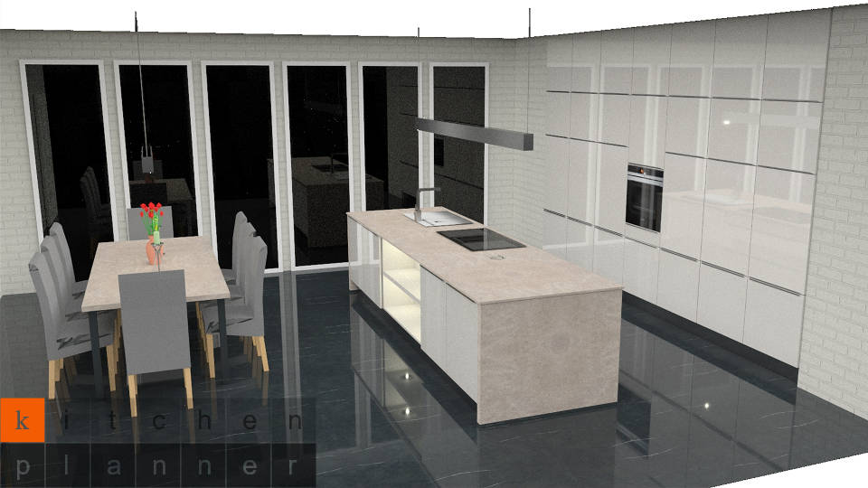 Moderne, einzeilige Hochglanz-Küche mit Kücheninsel / Bild 1